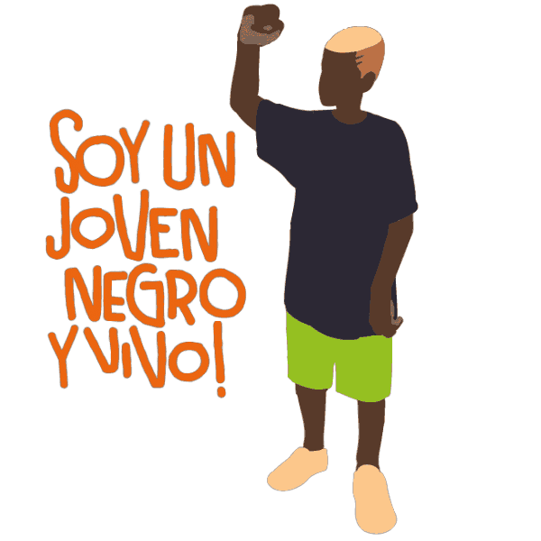Ilustração de um jovem homem negro de punho cerrado e a frase "Soy un joven negro y vivo!"