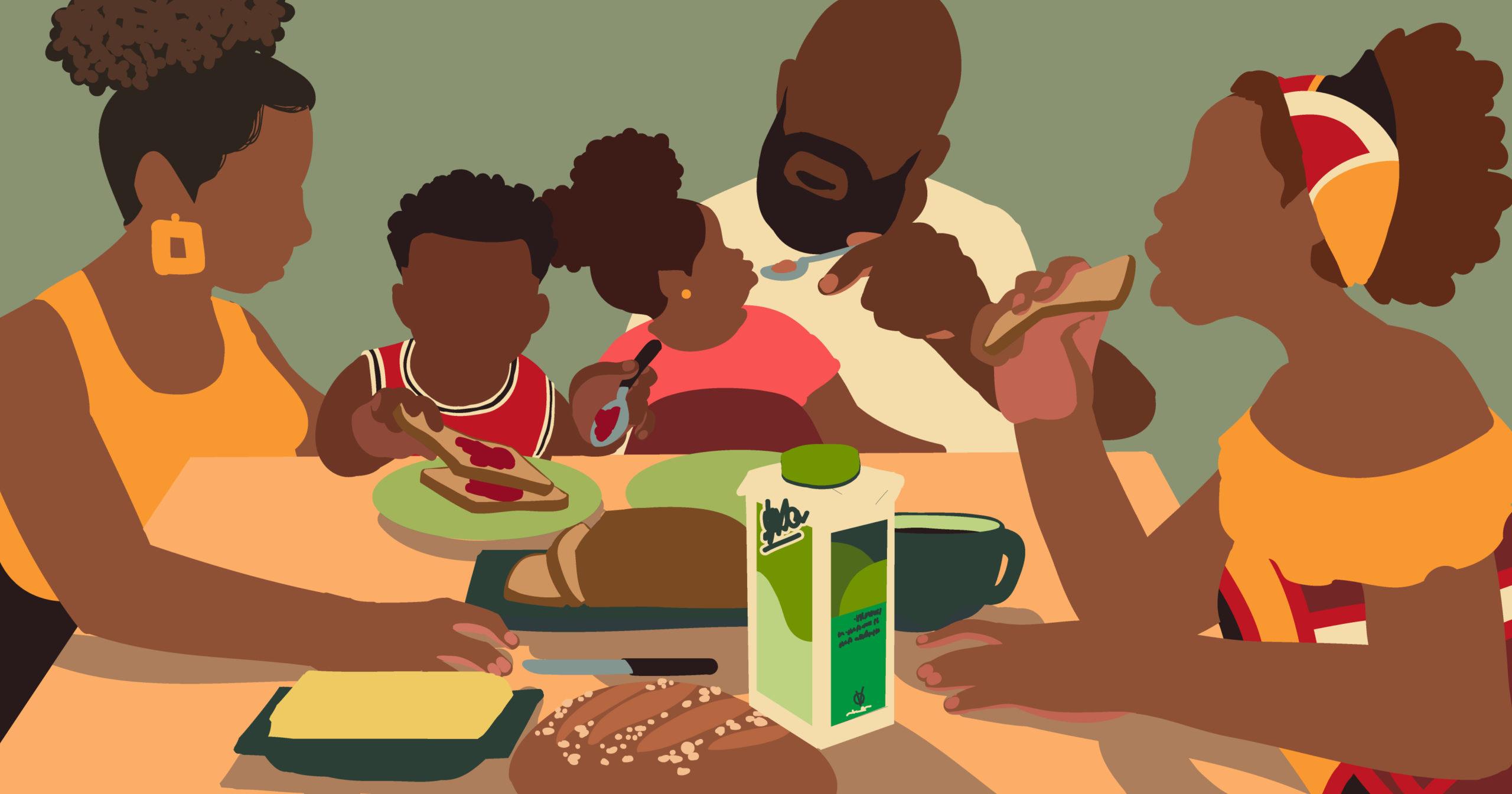 Ilustração de uma família negra sentada à mesa, fazendo uma refeição, feita para Adweek.