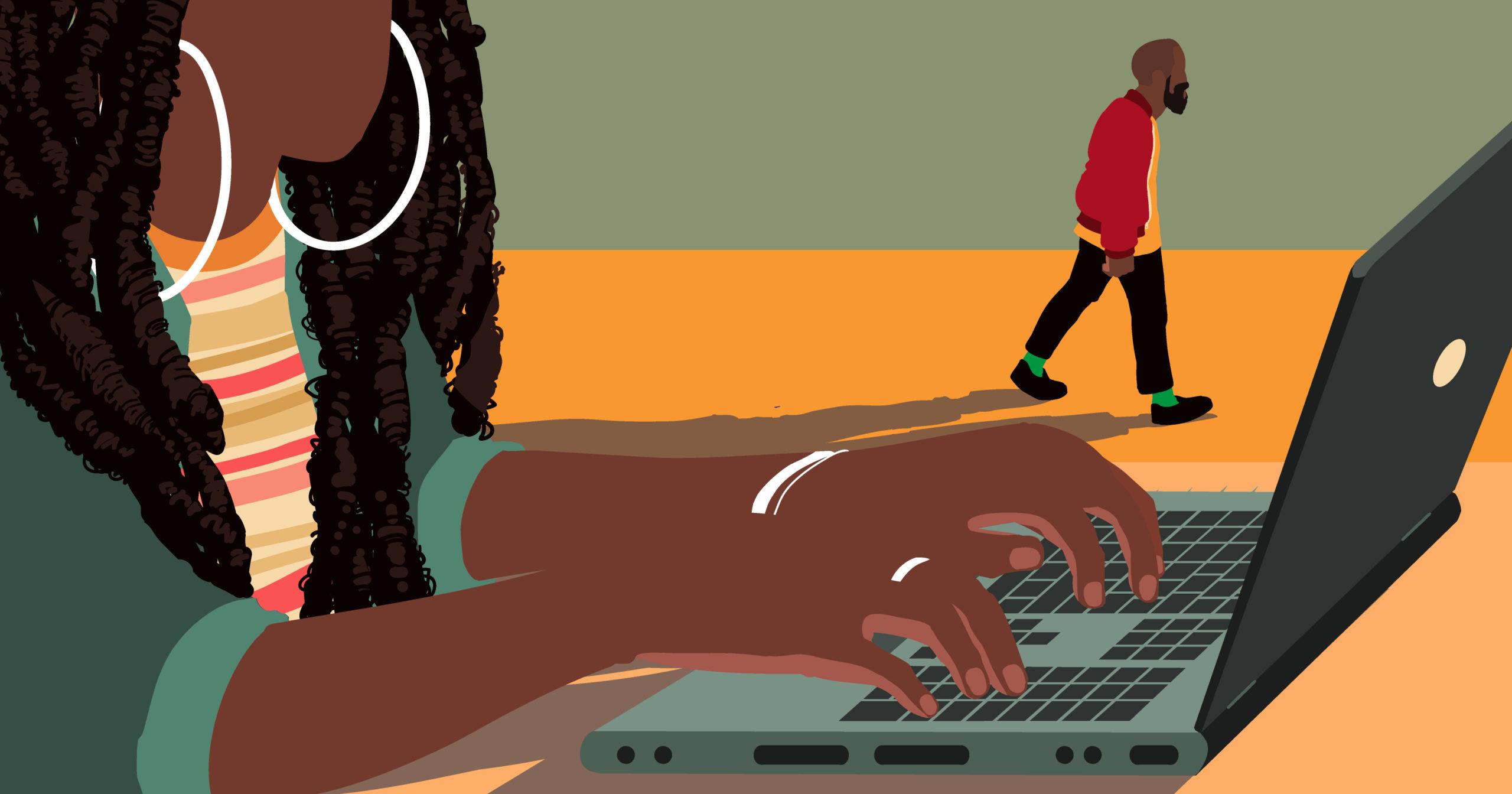 Ilustração de uma pessoa andando a esmo e no primeiro plano, uma mulher negra de dreads trabalhando em um laptop, feita para Adweek.