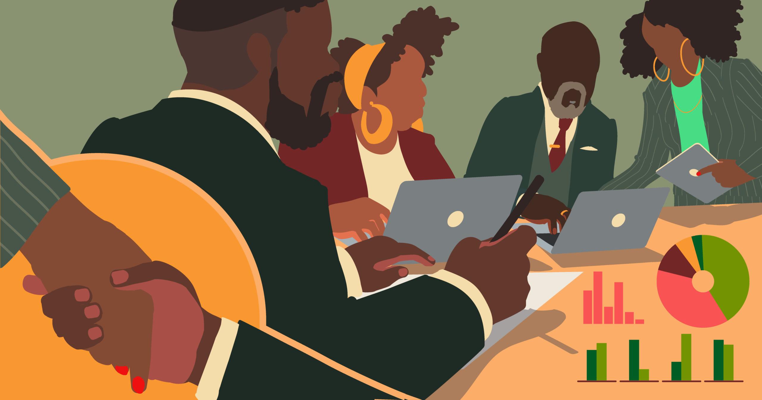 Ilustração de um grupo de pessoas negras em reunião em um ambiente corporativo, feita para Adweek.