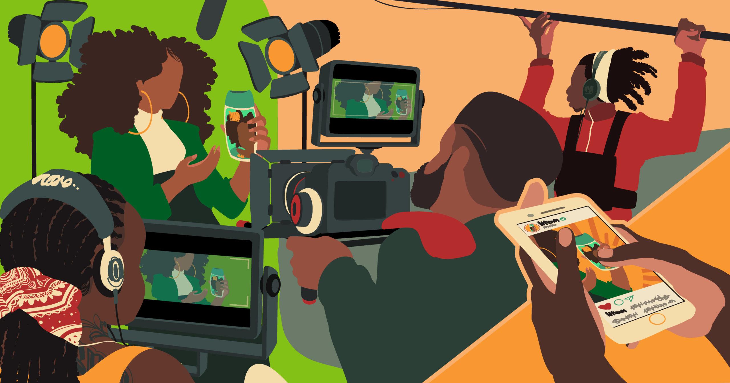 Ilustração de um set de filmagem mostrando um grupo de profissionais negros produzindo uma peça publicitária, feita para Adweek.